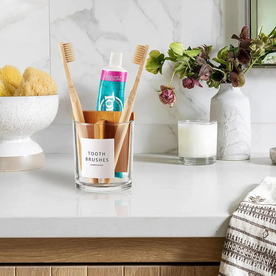 Glass Toothbrush and Toothpaste Holder with Bamboo Divider for Bathroom Countert